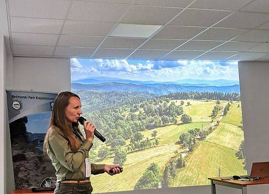 Referaty Kobieta prezentuje informacje przed ekranem, na którym wyświetlane są slajdy