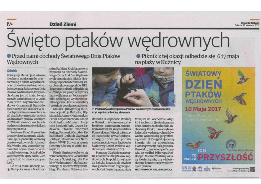 Okładka: Święto ptaków wędrownych. Dziennik Bałtycki 22.04.2017